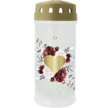 Grablicht mit floralem Motiv und goldenem Herz, inklusive goldfarbenem Deckel.