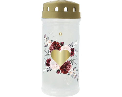 Grablicht mit floralem Motiv und goldenem Herz, inklusive goldfarbenem Deckel.