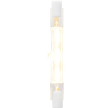 Halogenstab R7s aus klarem Glas mit warmweißem Licht.