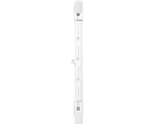 Halogenlampe in Stabform mit R7s Sockel und transparentem Glaskolben mit sichtbarem Glühfaden.