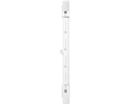 Lineare Halogenlampe aus klarem Glas mit sichtbarem Glühfaden und weißen Keramikenden.