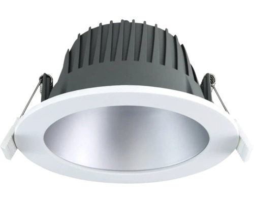Runder LED-Einbaustrahler mit weißem Außenring, silbernem Reflektor und dunklen Kühlrippen inklusive Befestigungsfedern.