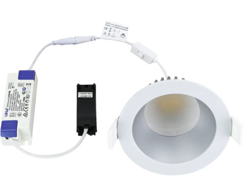 Weißes, rundes LED Einbaustrahler Set inklusive LED-Treiber und Anschlussbox.