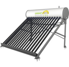 Green Tech Solar Pro Solar-Vakuumröhrenkollektor mit Warmwasserspeicher auf einem Metallgestell.