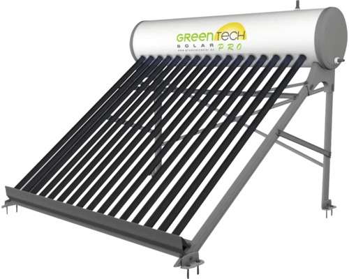 Green Tech Solar Pro Solar-Vakuumröhrenkollektor mit Warmwasserspeicher auf einem Metallgestell.