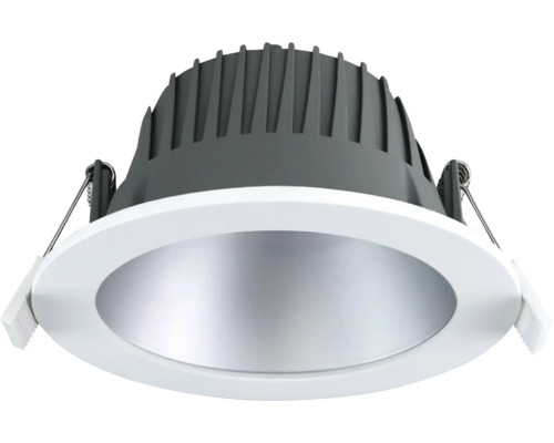 LED-Einbaustrahler mit weißem Rahmen, silbernem Reflektor, grauem Kühlkörper und seitlichen Federklammern.