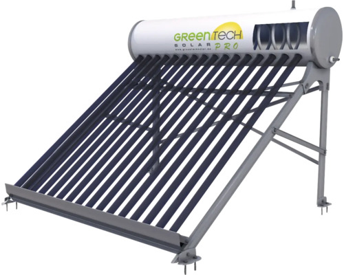 Green Tech Solar Pro Solarthermie-Anlage mit Vakuumröhren, Warmwasserspeicher und Montagegestell aus Metall.