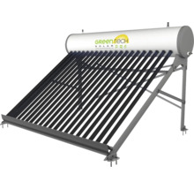 GreenTech Solar Pro Vakuumröhrenkollektor mit integriertem Warmwasserspeicher auf einem stabilen Metallgestell.