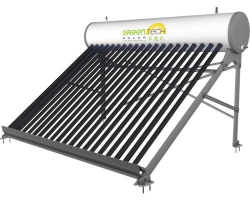 GreenTech Solar Pro Vakuumröhrenkollektor mit integriertem Warmwasserspeicher auf einem stabilen Metallgestell.