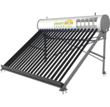 Green Tech Solar Pro Vakuumröhrenkollektor mit Warmwasserspeicher und Metallgestell zur Warmwasserbereitung durch Solarenergie.