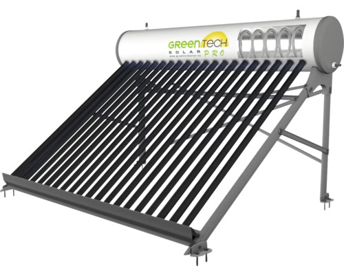 Green Tech Solar Pro Vakuumröhrenkollektor mit Warmwasserspeicher und Metallgestell zur Warmwasserbereitung durch Solarenergie.