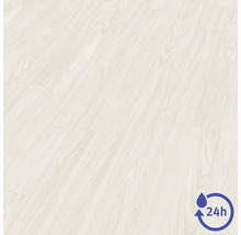 Laminatboden in heller Holzoptik mit Symbol für 24 Stunden Wasserresistenz.