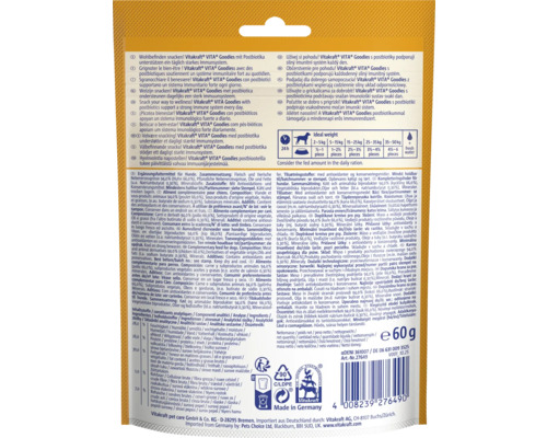 Rückseite der Vitakraft VITA Goodies Hundesnack-Verpackung mit 60 Gramm Inhalt, Zutaten, Fütterungstabelle, Recyclinghinweisen und Vitakraft Logo.