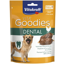 Hundesnack Vitakraft Vita Goodies Dental zur Zahnpflege, getreidefrei, ohne Zuckerzusatz, mit Huhn, hergestellt in Deutschland, Vitakraft Logo.