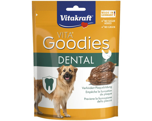 Hundesnack Vitakraft Vita Goodies Dental zur Zahnpflege, getreidefrei, ohne Zuckerzusatz, mit Huhn, hergestellt in Deutschland, Vitakraft Logo.