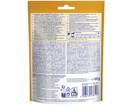 Rückseite der Verpackung Vitakraft VITA Goodies Hundesnack mit Braunalge, 60 Gramm, mit Fütterungsempfehlung, Zusammensetzung und Vitakraft Logo.