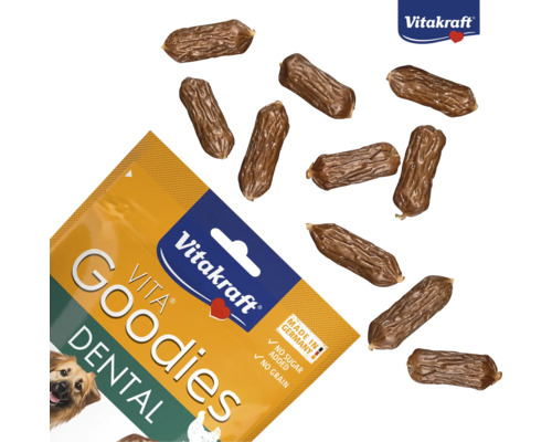 Vitakraft Logo, Vitakraft Vita Goodies Dental Hundesnacks ohne Getreide und Zuckerzusatz, hergestellt in Deutschland, wurstförmige Snacks.