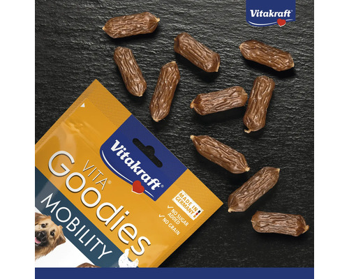 Vitakraft Logo, Vita Goodies Mobility Hundesnacks in Wurstform, ohne Zuckerzusatz, getreidefrei, hergestellt in Deutschland.