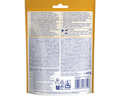 Rückseite der Verpackung von Vitakraft VITA Goodies Hundesnacks mit Zusammensetzung, Fütterungsempfehlung, 60 Gramm Nettoinhalt und Vitakraft Logo.