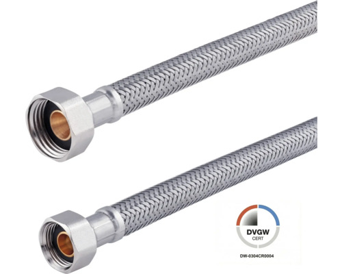 Flexibler Anschlussschlauch aus Edelstahlgeflecht mit DVGW Zertifizierung für Armaturen.
