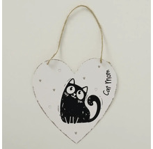 Herzförmiges Hängeschild mit Illustration einer schwarzen Katze, kleinen Herzen und dem Schriftzug Cat Mom an einer Kordel aus Jute.