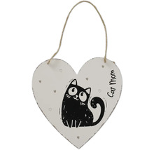 Herzförmiges Schild aus Holz mit Juteschnur, schwarzer Katze und dem Text Cat Mom.