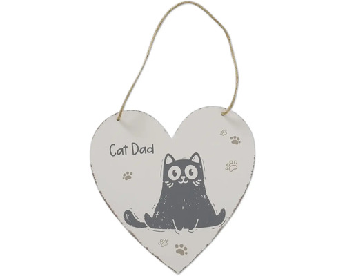 Herzförmiges Holzschild mit der Aufschrift Cat Dad, einer Katzen-Illustration und Pfotenabdrücken, inklusive Juteschnur zum Aufhängen.