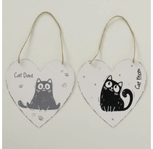 Herzförmige Metallschilder zum Aufhängen mit Katzenmotiven und den Aufschriften Cat Dad und Cat Mom, inklusive Juteband.