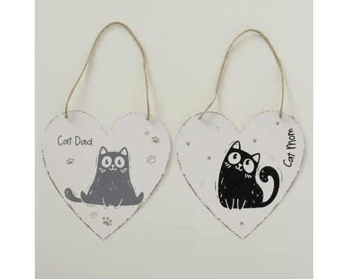 Herzförmige Metallschilder zum Aufhängen mit Katzenmotiven und den Aufschriften Cat Dad und Cat Mom, inklusive Juteband.