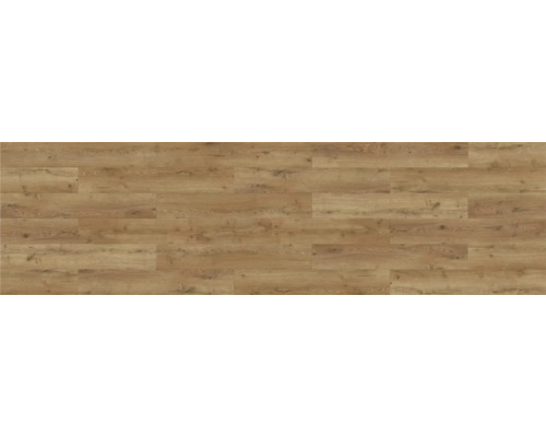 Laminatboden in Eichenoptik mit natürlicher Holzmaserung und sichtbaren Astlöchern im Dielenformat.
