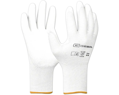 Gebol Arbeitshandschuhe aus weißem Feinstrick mit Polyurethan-Beschichtung, Größe 8 M, zertifiziert nach Europäischer Norm 388.