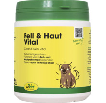cdVet Fell und Haut Vital Ergänzungsfuttermittel für Tiere im Kunststoffbehälter mit cdVet Logo.