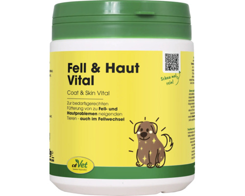 cdVet Fell und Haut Vital Ergänzungsfuttermittel für Tiere im Kunststoffbehälter mit cdVet Logo.