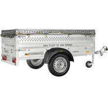 Einachsiger Humbaur Anhänger mit verzinkten Bordwänden, Bordwandaufsatz, Ladungssicherungsnetz und Hornbach Logo.