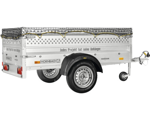 Einachsiger Humbaur Anhänger mit verzinkten Bordwänden, Bordwandaufsatz, Ladungssicherungsnetz und Hornbach Logo.