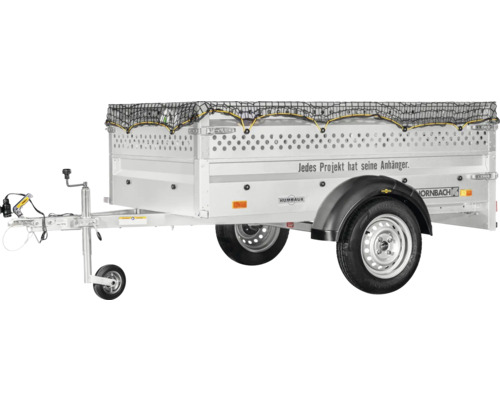 Humbaur Einachs-Pkw-Anhänger mit Laubgitteraufsatz, schwarzem Abdecknetz und Stützrad.