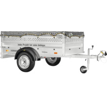 Einachsiger Anhänger für Autos mit Bordwandaufsatz, Ladungssicherungsnetz und Stützrad für den Transport.