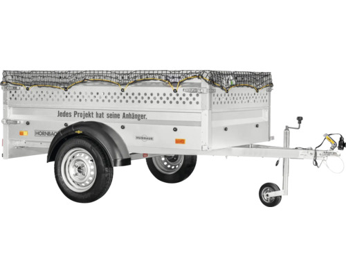Einachsiger Anhänger für Autos mit Bordwandaufsatz, Ladungssicherungsnetz und Stützrad für den Transport.