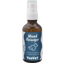 VeaVet Wundreiniger in einer Braunglasflasche mit Sprühaufsatz zur Reinigung und Spülung von wunden Hautstellen bei Tieren.
