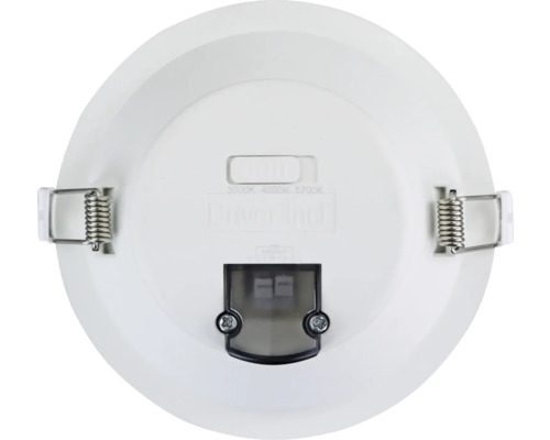 LED-Einbaustrahler Rückansicht mit Montagefedern und Schalter für Farbtemperatur 3000, 4000 und 5700 Kelvin.