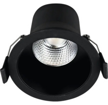 Runder LED-Einbaustrahler in Schwarz mit strukturiertem Reflektor und seitlichen Befestigungsfedern.