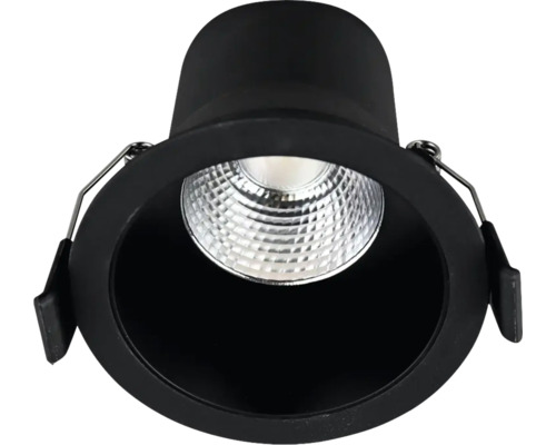 Runder LED-Einbaustrahler in Schwarz mit strukturiertem Reflektor und seitlichen Befestigungsfedern.