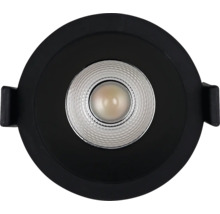 LED-Einbaustrahler rund mit schwarzem Rahmen und silbernem Reflektor.