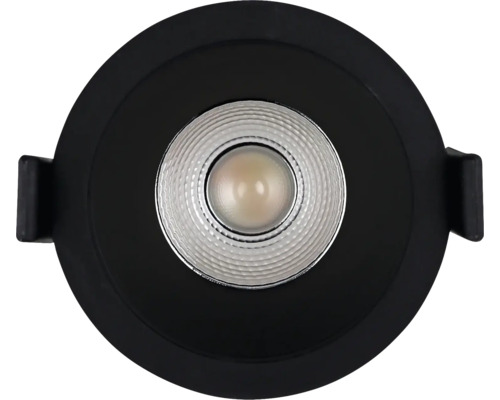 LED-Einbaustrahler rund mit schwarzem Rahmen und silbernem Reflektor.