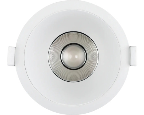 Runder LED-Einbaustrahler in Weiß mit geriffeltem Reflektor und seitlichen Befestigungsklammern.