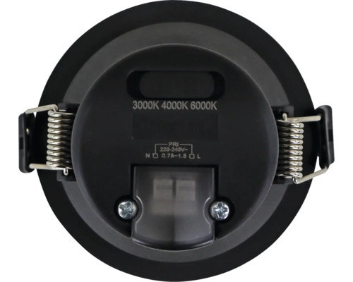 Rückansicht eines LED-Einbaustrahlers mit einstellbarer Farbtemperatur von 3000, 4000 und 6000 Kelvin sowie seitlichen Montagefedern.