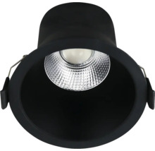 Schwarzer Einbaustrahler mit integriertem silberfarbenem Reflektor.