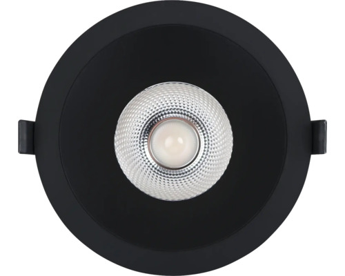Runder LED-Einbaustrahler in Schwarz mit strukturiertem Reflektor.
