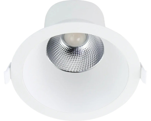 Runder LED-Einbaustrahler mit strukturiertem silbernem Reflektor und weißem Rahmen für Deckenmontage.
