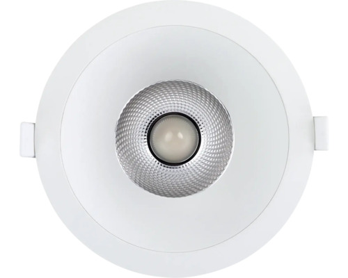 Runder LED Einbaustrahler mit weißem Gehäusering und silbernem, strukturiertem Reflektor.
